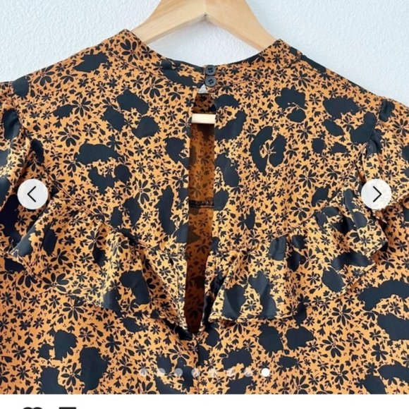 👛(ANY 2/$25) TOPSHOP High Neck Blouse Orange Black Floral Puffed Sleeve/Ruffle - Picture 7 of 10